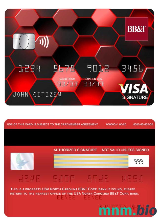 USA North Carolina BB&T Corp. bank visa podpis karta przykład w formacie PSD